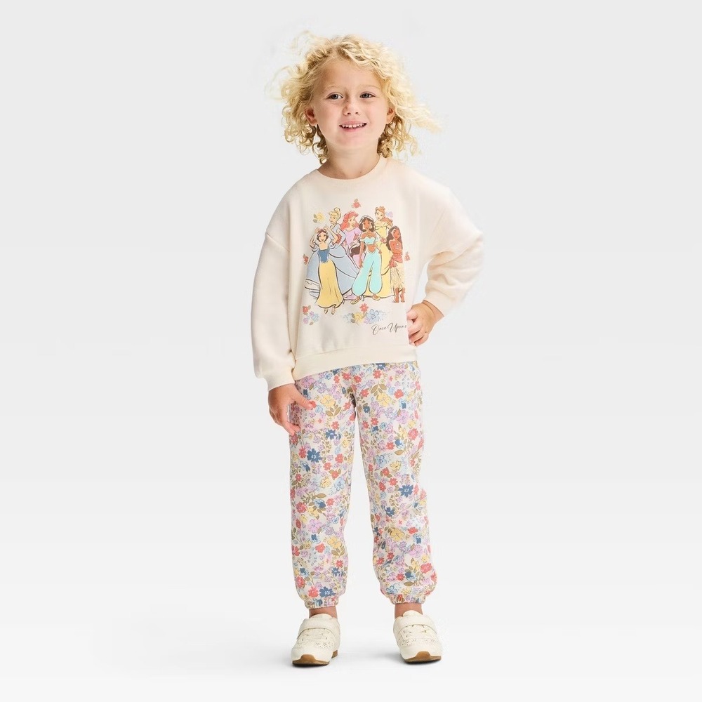 Disney Princess Sweatshirt Pants Set Kids Cream Floral NWT